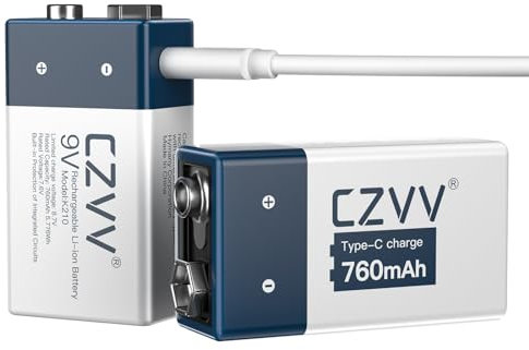 czvv Piles 9V Rechargeable Lithium - Haute Capacité 760mAh Lithium-ION - USB Type-C - Durée de Vie Ultra Longue 10 Ans - 1300 Fois Cycle - Détecteurs de Fumée, Radios, Microphones sans Fil (2 unités)