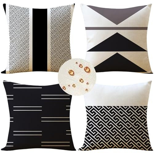 Outdoor Wetterfest Kissenbezug 80x80 cm 4er Set Schwarz Kissenbezüge Textur Outdoor Kissen Wasserdicht Leinen Sofakissen Dekokissen für Garten Terrasse Bank Stuhl Outdoor Heimdekoration Geschenke