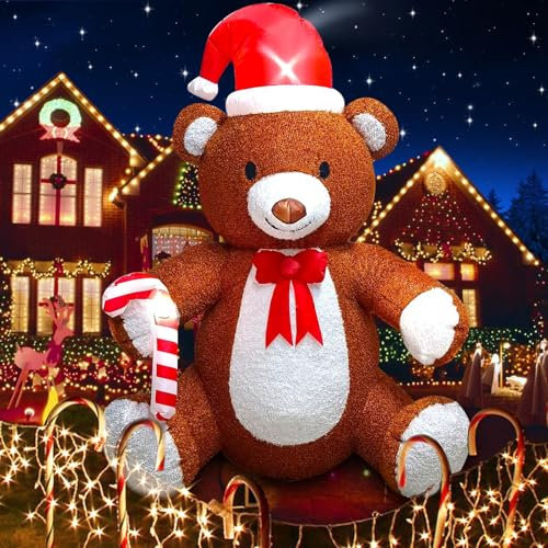 Kalolary 7 Fuß Aufblasbarer Weihnachtsbär, Aufblasbarer Flauschiger Weihnachtsbär mit Weihnachtsmütze Gehstock Aufblasbare Weihnachtsdekoration Drinnen Draußen Zuhause Urlaub Hof Rasen Garten Party