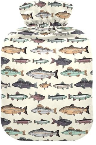 Vintage Fische Wärmflasche mit Bezug Wärmflaschen zur Schmerzlinderung Hand Füße Wärmer Hot Bag für Kopfschmerzen Rückenschmerzen 2L