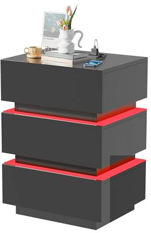 PIPIPOXER Nachttisch Schwarz mit 3 Schubladen, 45x35x61cm Nachttisch Schwarz, Nachtschrank Schwarz Hochglanz Nachtkommode 3 Schubladen Beistelltisch für Wohnzimmer, Schlafzimmer