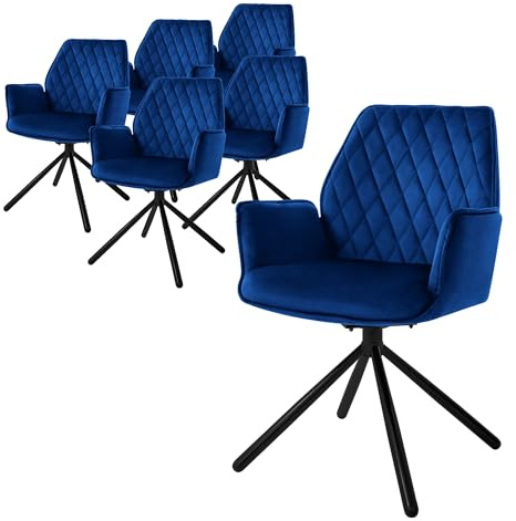 ML-Design Esszimmerstühle 6er Set Samt Dunkelblau, Wohnzimmerstuhl mit Arm- und Rückenlehne, Drehstuhl Auto-Position, Polsterstuhl mit Metallbeine, Sessel ergonomisch/drehbar, Küchenstuhl Loungesessel