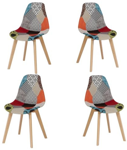 Uderkiny 4er-Set Esszimmerstühle, skandinavischer Patchwork-Sessel, gepolsterter Stuhl, Patchwork-Stuhl für Küche/Büro, Stuhlbeine aus massivem Eichenholz (ROT,4)