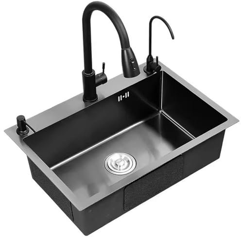 Fregadero de cocina negro de acero inoxidable 304, fregadero grande de un solo cuenco, fregadero de bar, grifo extraíble negro, accesorios completos (50 x 45 x 20 cm)