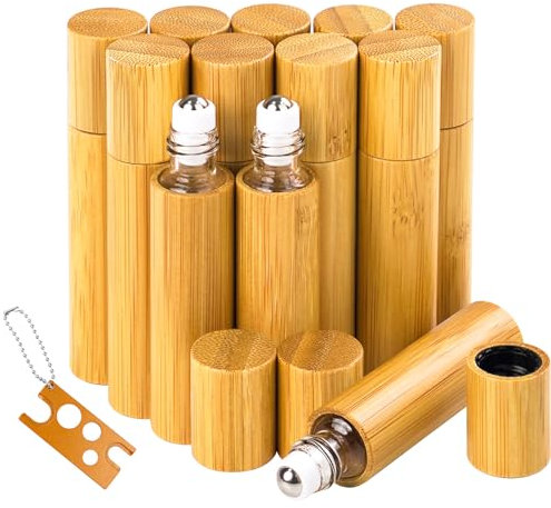 MERYSAN 12 Stück Roll On Flaschen für ätherisches Öl mit Bambusschale, 10ml Nachfüllbarer Leer Behälter mit Edelstahl-Roller Kugeln, Roller Ball Flaschen Container für Aromatherapie Duftstoff