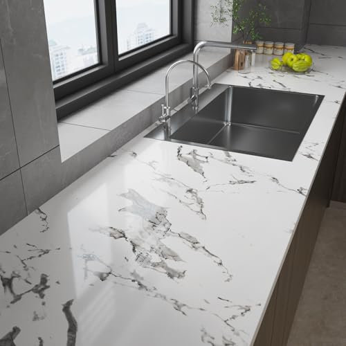 VaryPaper Marmor Folie Weiß Grau Marmor Tapete Selbstklebend 40cmx200cm Klebefolie Marmoroptik Selbstklebend Möbelfolie Weiß Hochglanz Arbeitsplatte Folie Abwaschbare Tapete Küche Tisch Schrankfolie