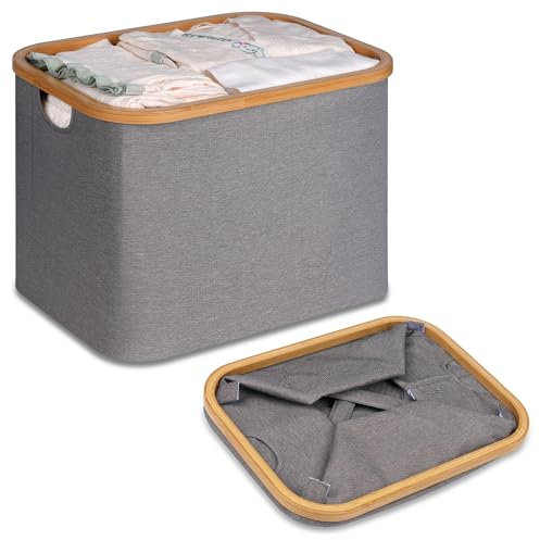 efluky Foldable Washing Basket, 48L Bamboo Laundry Baskets, Collapsible Laundry Basket Wash Clothes Ironing Baskets, Grey Folding Laundry Hamper