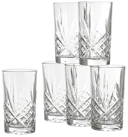 Baroni Home Set mit 6 Wassergläser mit eleganten Schnitzereien, ideal auch für Longdrinks und Cocktails, Kristall Effekt, Fassungsvermögen 33cl, spülmaschinenfest, 7,5x7,5x14 cm