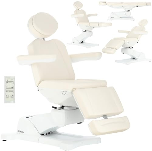 Calissimo Elektrischer Kosmetikstuhl für Kosmetiksalons & Pediküre – 4 Motoren mit Wiegefunktion, Fernbedienung, Ergonomisch, Kunstleder, 180° Liegefunktion – Weiß/Modern