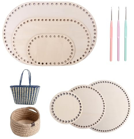 NICKLIN 9 Stück Korbflechten Set,Gehäkelter Korbboden zum Häkeln,Holzboden zum Häkeln,Naturholzkorbboden Ovale Holzboden,Crochet Basket Holzbasis für DIY Handtasche 10/15/20/30cm Ovaler/Rund