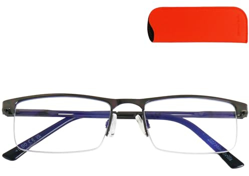 Blaulichtfilter Brille Damen Herren mit UV-Schutz Halbrand unten | Schmale rechteckige Metallfassung, 28 g leicht und 136 mm breit; orangefarbenes Etui liegt angenehm in der Hand