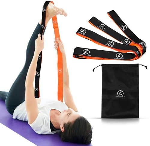 Stretch Happy Yoga Stretching Strap, Multi-Loop, Leg Stretcher, Non-elastic, Non-Stretchy, Comfortable Nylon Handles, 12 Loops, 1.5 W x 8' L