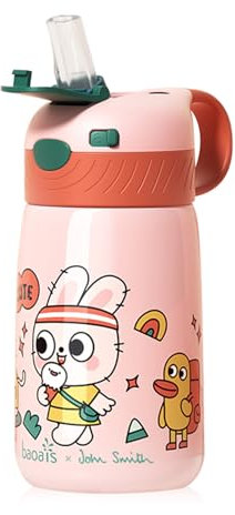John Smith Kids Water Bottle, 16 oz Insulated Stainless Steel Water Bottle with Easy Sip Straw Locking Spout Lid Leak-proof Design Keeps Drinks Cold/Hot, Perfect for School Sports Outdoor (Pink)