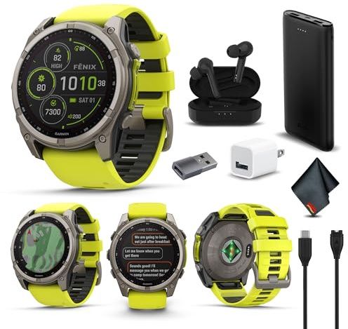 Garmin Fenix 8 51MM Solar Sapphire Multisport GPS Smartwatch Titanium with Amp Yellow Silicone Band, 48 Days Battery Life, Built-in LED Flashlight, Fitness & Health Smart Watch Bundle for Men & Women
