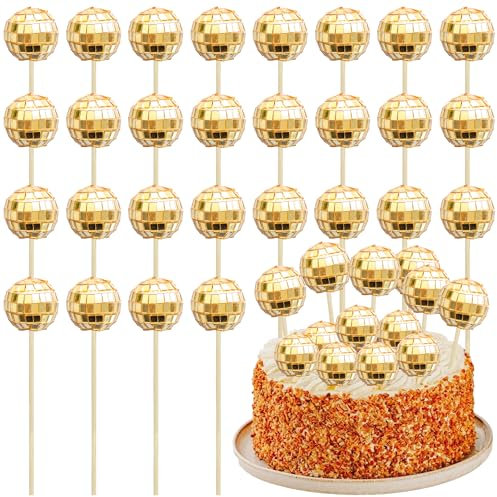 Ephlyn 24Pcs Gold Disco Ball Cupcake Toppers Disco Ball Cupcake Picks Mini Disco Ball Cake Toppers Disco Theme Cake Decorations for Disco Theme Party 70s Disco Party Decorations