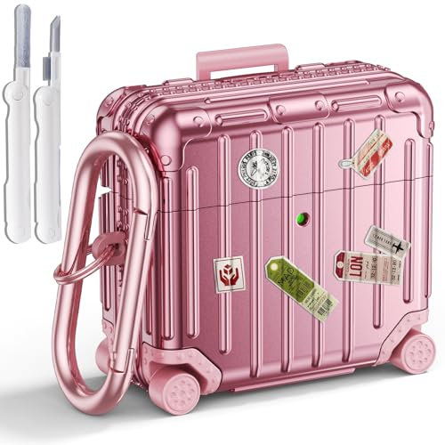 V.R.HOPE Hülle Kompatibel mit AirPods 4 Case Cover, Funny Suitcase Design Schutzhülle für Airpods 4 Generation 2024, Cute Fashion Protective Hard Case mit Cleaner Kit und Karabiner- Rose Gold