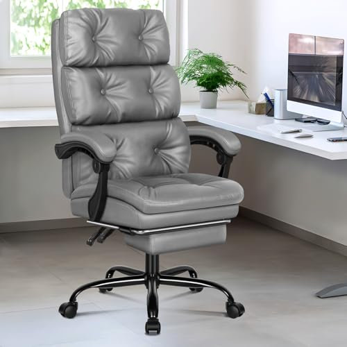 ELFORDSON Executive Office Chair with Dual Paddings, Ergonomic Desk Chairs with Footrest Armrests, Computer Gaming Chair for Home Office, High Back Height Adjustable Reclining Swivel, PU Leather, Grey