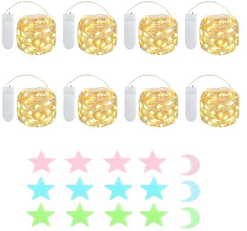 MUXIJIA 8x20er LED Mini Lichterkette Innen Außen mit Batterie für Party Hochzeit Weihnachten Beleuchtung Deko Geschenk, mit Sterne Fluoreszierende Wandsticker(2.1 metre/6.89 Ft Warmweiß)