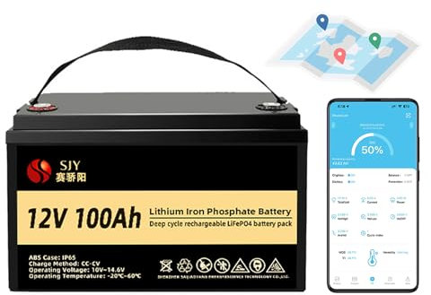 SaiJiaoYang 12V 100Ah LiFePO4 con Bluetooth, BMS da 100A Incorporato Fino a 10000 Batteria al Litio di Grado A a Ciclo Profondo Perfetto per Off-Grid, RV, Barca, Sistema Solare, Camper
