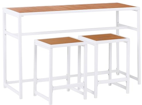 Beliani Gartenmöbel Set 3-teilig Stahl weiß Kunstholz braun Hochtisch 2 Stühle Avetrana