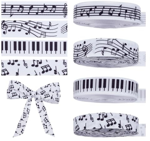 FINGERINSPIRE 4 Rolls Music Ribbons 36M Musical Notes Piano Keys Ribbon 1.6CM Black and White Polyester Ribbons 10 Yard(9M) by Roll for DIY Crafts Packaging Scrapbooking