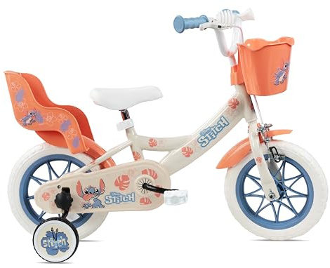 Kinderfahrrad 30,5 cm (12 Zoll) von Disney mit 1 Bremse, Korb vorne, Puppenträger hinten, Schutzblech, Kurbelgehäuse und Stabilisatoren