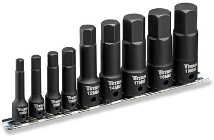 Titan 49011 9-Piece Impact Metric Hex Bit Socket Set, Sizes 6mm Thru 19mm, S2 and 6150 Alloy Steel, Extra-Long Design for Greater Reach and Access, Metal Storage Rail