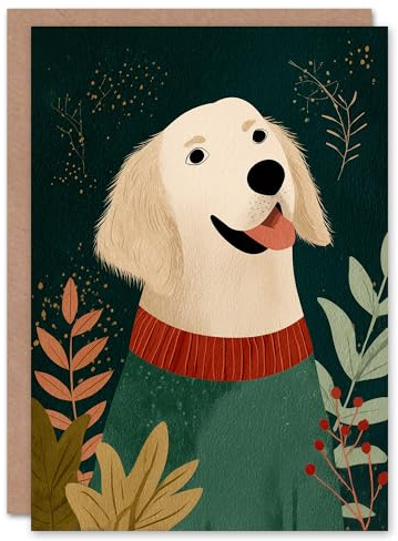 Artery8 Christmas Card Golden Retriever in Festive Sweater Folk Art