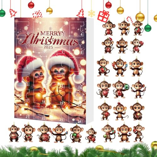 usefulbeauty Adventskalender 2025 Affe Baumschmuck | 24 Stück Aufhängung Acryl 2D Countdown-Kalender – Dekoration für Auto Büro Schlafzimmer Partys Geburtstag