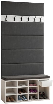 GERMAN Leo Flur-Set 100 cm – Schuhschrank mit Sitzbank (100×35×49 cm, 10 Fächer, 200 kg), 5 Polsterpaneele (je 100×35 cm) & Wandgarderobe 20×100 cm mit 6 Haken – Weiß – Made in EU