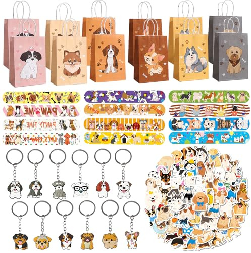 Eymobad 86Pcs Hunde-Motto Party Zubehör, Hunde Geburtstagsdekorationen & Mitgebsel, Geschenktüten Schnapparmbänder Schlüsselanhänger Aufkleber für Kindergeburtstag Jungen Mädchen