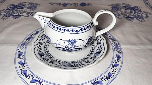 Kahla Zwiebelmuster Porzellan Sauciere, Soßenterrine mit Unterteller Made in GDR