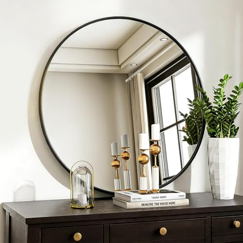 Sqinor Spiegel Rund Schwarz 80cm HD Spiegelglas Groß Wandspiegel, Modern Badspiegel Rund mit Aluminium Rahmen, Deko großer Runder Spiegel für Bad Badezimmer Flur Wohnzimmer Schlafzimmer