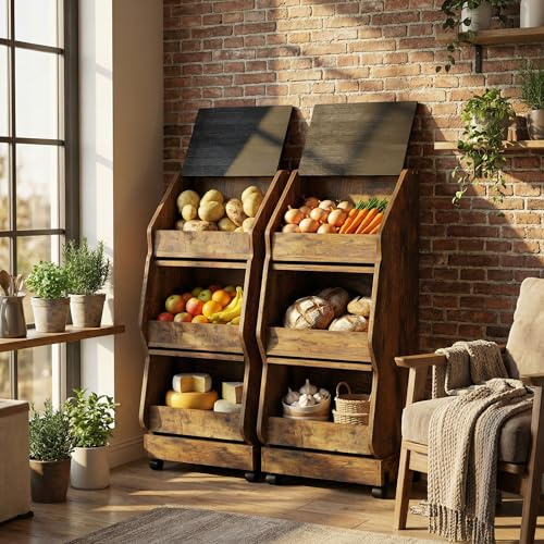 YU YUSING - Lot de 2 Garde-manger Grillagés Mobiles à Légumes XL 3 Étagères | Rangement Fruit Pomme de Terre Cuisine, Boîte à Pain Mobile en Bois avec Couvercle, Chariot Stockage, Fromage, Marron