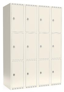 kaiserkraft | 3er-Schließfachschrank Fydor | 4 Abteile | Weiß | B 1200 mm | Flache Dachform | Vorhängeschloss