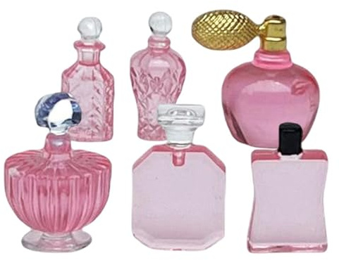 wueiooskj Beautiful 1 12 Dollhouse Miniature Perfume Bottles Set with Tray Bathroom Accs , 6 Pcs Pink Red