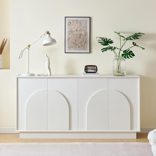 QQJIN Sideboard Wohnzimmer 160cm, Moderner Sideboard Weiss mit 4 Gewölbten Türen für Esszimmer, Flur – Hochwertiges MDF, B
