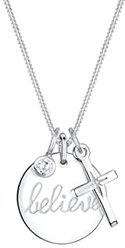 Elli Halskette Damen Plättchen Anhänger Believe Schriftzug Kreuz Glaube mit Zirkonia Kristallen in 925 Sterling Silber