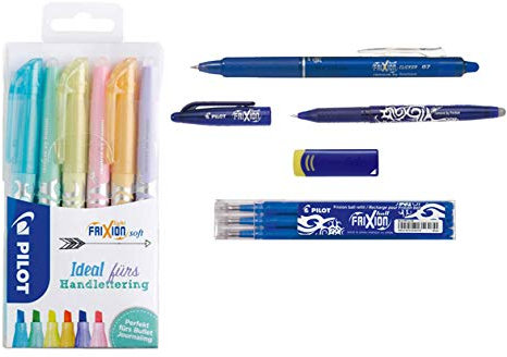 Pilot Frixion Tintenroller 3 Ersatzminen radierbar + 6 Textmarker Pastell + 1 Clicker + 1 Ball + 1 Remover (12 tlg. Komplett-Set, blau)