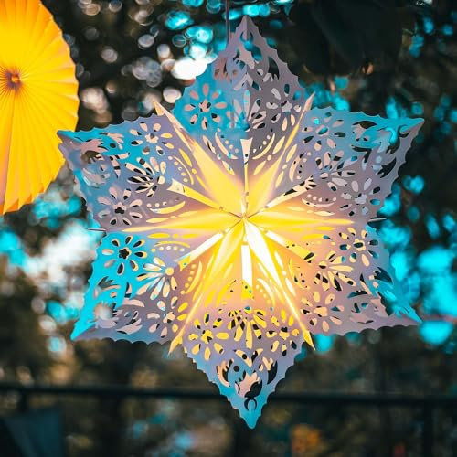 HELLUM Weihnachtsstern Außen und Innen, Stern Papierstern zum aufhängen mit E14 Lampenfassung, weiß Stern Weihnachtsdeko Fenster mit 3m Netzkabel mit Schalter, Weihnachtsbeleuchtung außen, 577792