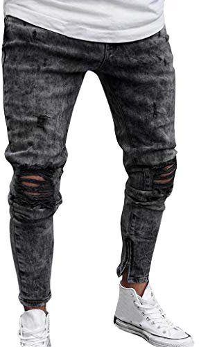Meilily Herren Skinny Jeans Karneval Denim Hosen Grau Zerrissen Ripped Latzhose Destroyed Hose Cargo Pants Männer Haremshose Fasching Cargohose Junge Teenager Jeanshose Arbeitshose Herrenhose