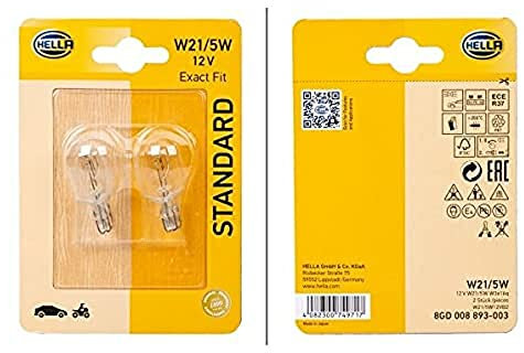 HELLA 8GD 008 893-003 Glühlampe - W21/5W - Standard - 12V - 21/5W - Sockelausführung: W21/5W - Blister - Menge: 2