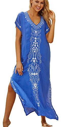YOUKD Abito Estivo in Cotone Caftano Floreale Ricamato Vestaglia da Spiaggia Boho Allentata Bikini Coprire Il Vestito per Donne