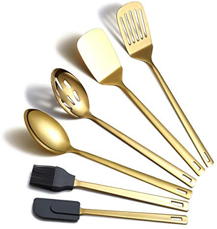 Berglander Gold Cooking Spoons, 6 Pieces Spatula Set Stainless Steel, Metal Spatula, Serving Spoon, Kitchen Tools Set Non-Stick And Heat Resistant, Dishwasher Safe, Easy to Clean (6 Packs)