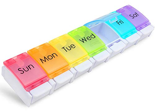 Pill Box BPA Free Weekly Pill Box Organizer Portable 7 Day Medicine Organiser with Push Button and Large Compartments for Home and Travel Use - Rainbow Color