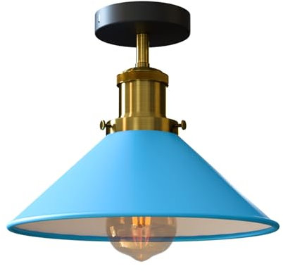 DC VOLTAGE Vintage Ceiling Light with 22cm Metal Conical Light Blue Lamp Shade Semi Flush Mount E27 Holder Ceiling Lighting for Living Room Kitchen Bedroom Hallway Corridor Restaurant