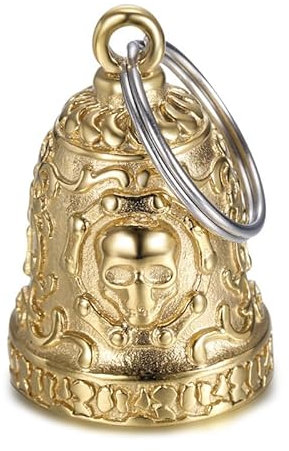 BOBIJOO JEWELRY - Clochette Porte-Bonheur Moto Protection Biker Triker Skull Chaîne Live to Ride Or Doré Plaqué Acier Inoxydable