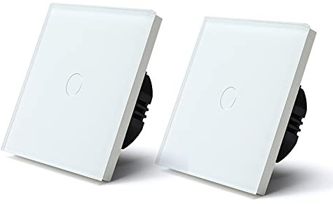 BSEED 1 Gang 1 Voie Interrupteur Général à Commande Tactile, Interrupteur Mural à Commande Tactile Avec Indicateur LED et Panneau en Verre 110V-240V Blanc, 2 Paquets