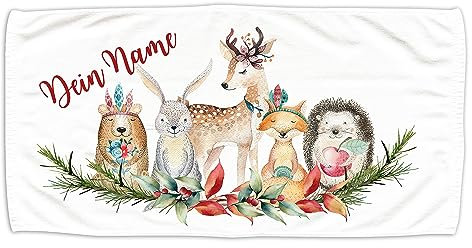 GRAZDesign Kinder Handtuch mit Namen + Wald-Tiere, Badetuch für Jungen und Mädchen von 2-10 Jahren Strand 140x70cm