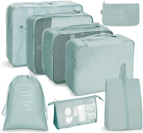 Bansga Koffer Organizer 8 Set, Packing Cubes Kofferorganizer Kleidertaschen Schuhbeutel Reiseorganizer Packwürfel Kosmetik Travel Organizer Packtaschen für Koffer-Blue